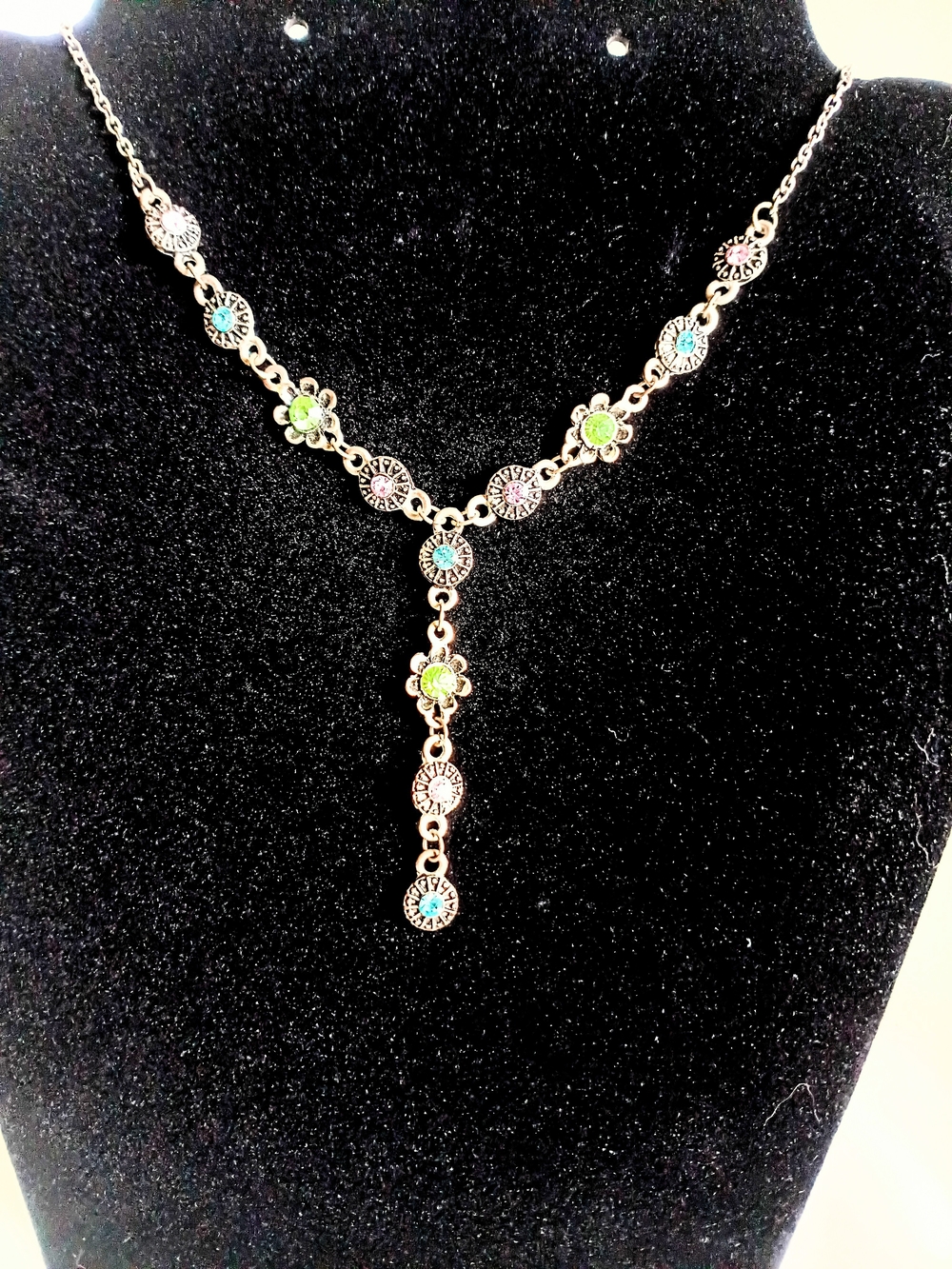 Delicate Floral Drop Necklace - Pink Green & Blue Accents